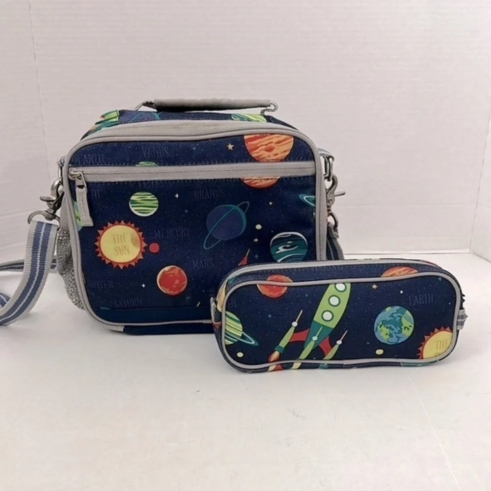 Pottery Barn Kids Mackenzie Space-Themed lunchbox with strap and pouch Navy Blue